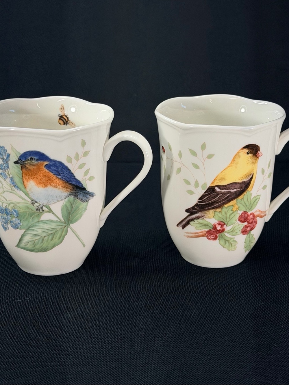 Lenox Ceramic Mugs with Blue and Yellow Bird Motifs